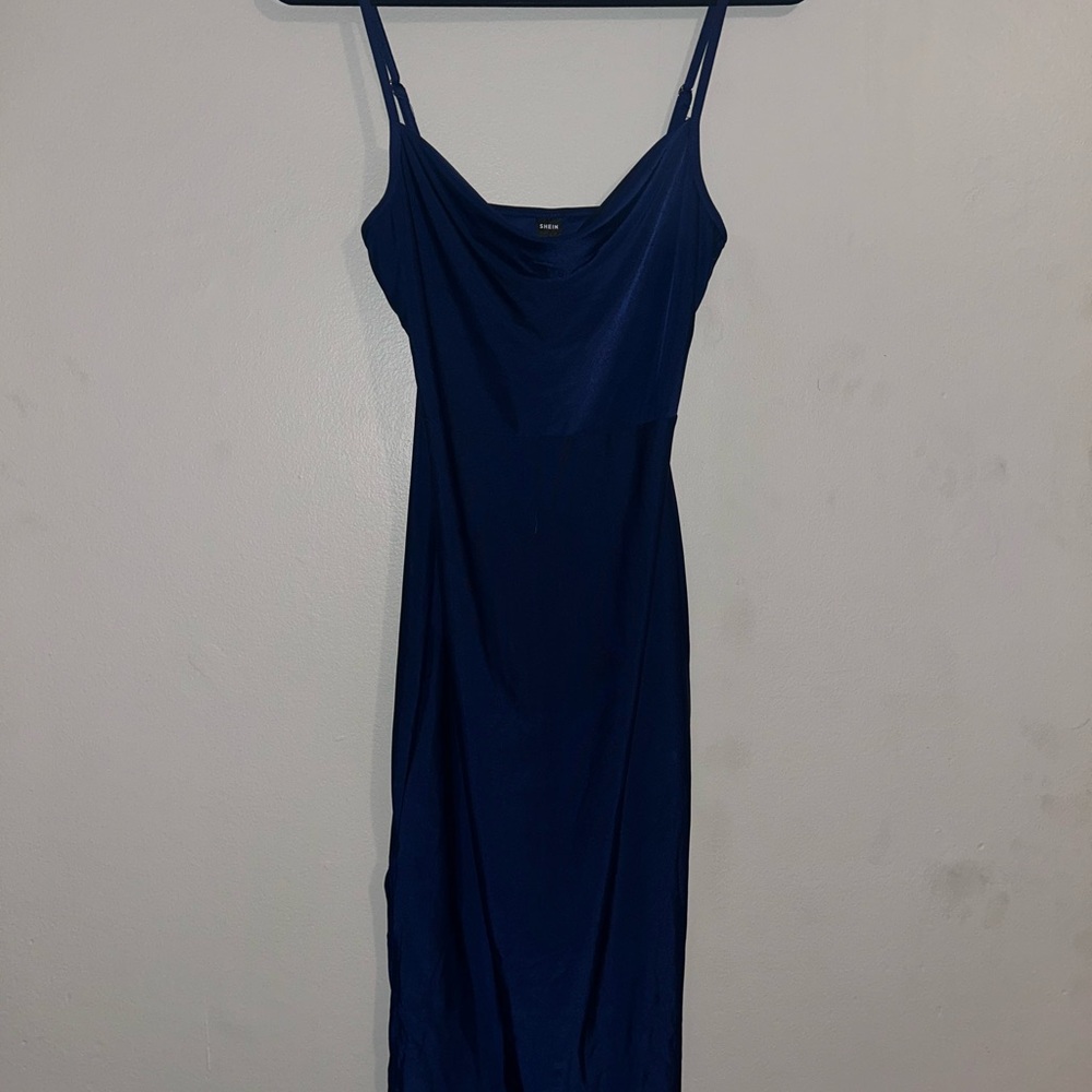 Cowl Neck Navy Slip Dress, XS, SHEIN